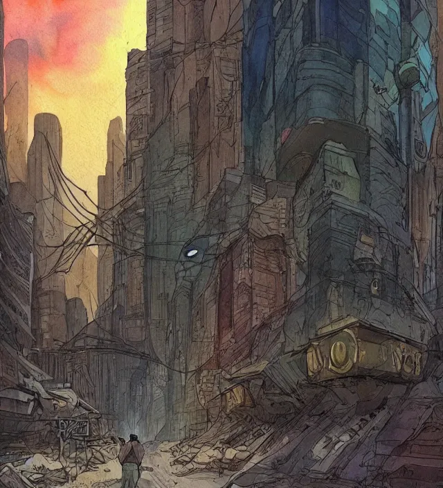 Prompt: a watercolor ink painting of a post - apocalyptic new - york underground in the style of jean giraud in the style of moebius trending on artstation deviantart pinterest detailed realistic hd 8 k high resolution