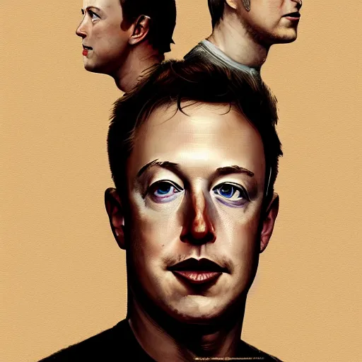Image similar to portrait of elon musk, mark zuckerberg and jeff bezos together, together, very detailled, art contest winner on behance, trendy on deviant art, by by artgem, greg rutkowski