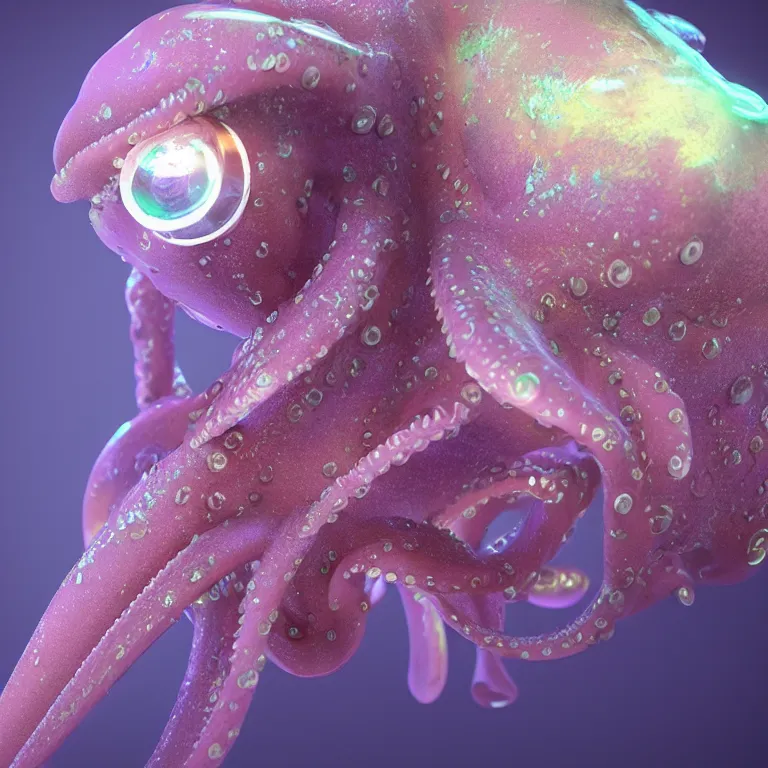 Prompt: octane render portrait by wayne barlow and carlo crivelli and glenn fabry, a deep ocean mariana trench fish squid octopus jellyfish creature made out inflated clear iridescent plastic and bioluminescence, cinema 4 d, ray traced lighting, very short depth of field, bokeh