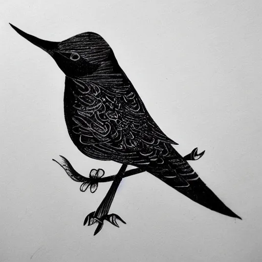 Image similar to exotic bird, sketch, illustration, cross hatched, black ink on white paper