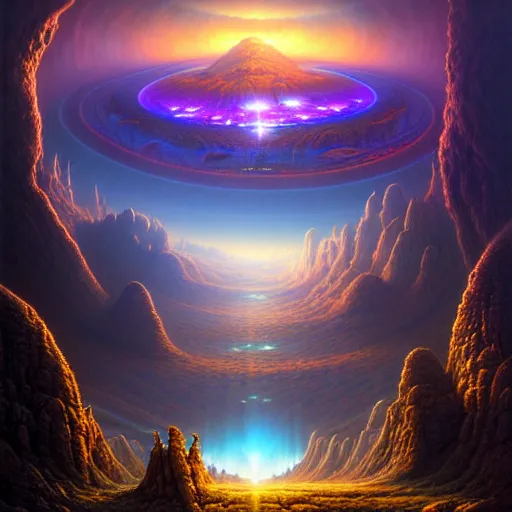 Prompt: of an impossible landscape with a infinite multi dimension portal, spaceship bending spacetime with a beautiful ultra detailed matte painting a lush mountain range at dusk by tomasz alen kopera and Justin Gerard and Dan Mumford, tarot card, dazzling energy, ultra wide angle shot, high angle shot, intricate, fractal magic, rays of god, hyperdetailed, micro details, volumetric lighting, 8k, ray tracing, polarized lens