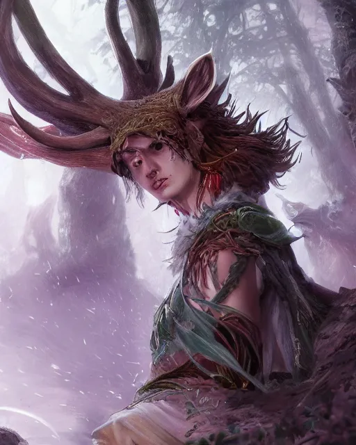 Image similar to Deer Shapeshifter Druid Mage, D&D, artstation, fantasy, magic the gathering artwork, cinematic lighting, centered, symmetrical, highly detailed, digital painting, , concept art, smooth, sharp focus, illustration, volumetric lighting, epic Composition, 8k, art by Akihiko Yoshida and Greg Rutkowski and Craig Mullins, oil painting, cgsociety