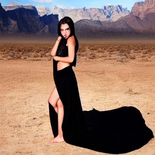 Prompt: beautiful demon woman wearing only a black blanket in a desert