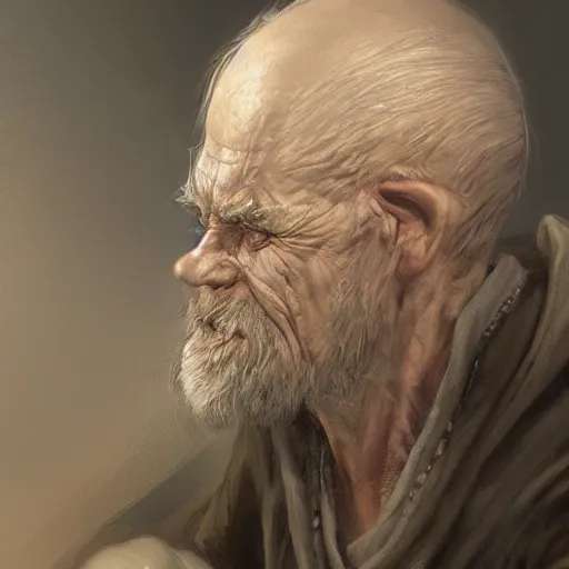 Image similar to a detailed matte head - on portrait painting of a sweet ugly old hobbit man, with a large scar and missing teeth portrait by charlie bowater, lise deharme, wlop, tending on arstation, dungeons and dragon, dnd, pathfinder, fanart, oil on canvas