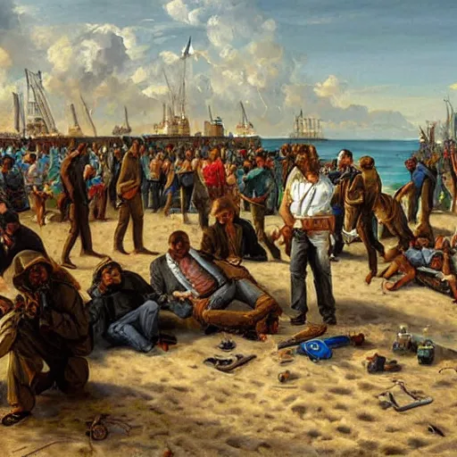 Image similar to rich drug dealers are arrested on the beach by the military, oil painting, highly detailed, 4 k