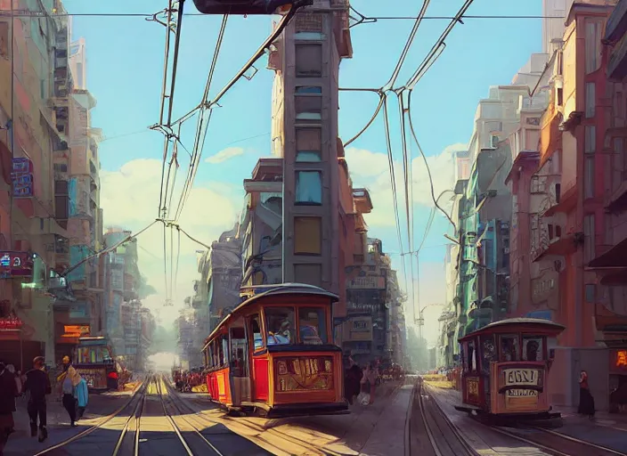 Image similar to a cable car is flying on the street of san francisco, unreal engine, fantasy art by greg, loish, rhads, ferdinand knab, tom bagshaw, makoto shinkai and lois van baarle, rossdraws, ilya kuvshinov, night lighting, trending on studio ghibli, highly detailed, 8 k, octane render