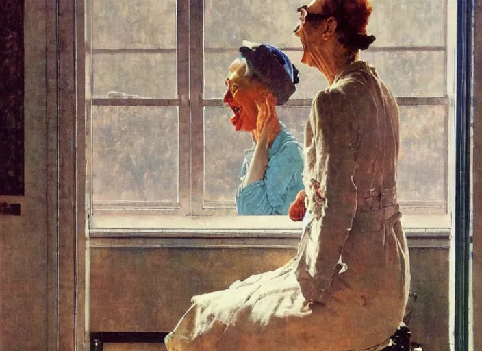 Image similar to a laughing man sitting by the window, a slim woman in the background, norman rockwell