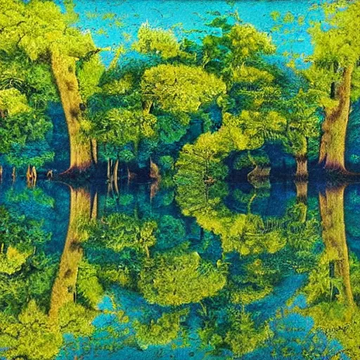 Image similar to escher painting of a lake, big trees reflecting on lake surface, ultra sharp, ultra detailed, colorized by salvador