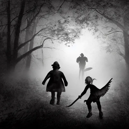 Prompt: a grave digger with remnants of angel wings is chasing a child through a creek in the woods, bad dream, hazy memory, volumetric, dark black and white in the style of alvin schwartz, epic angles