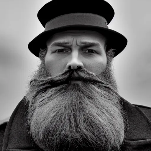 Image similar to Live Action Still of Jerma985 in a film as a Lighthouse Keeper with an overcoat, hat, and beard, black and white, hyperrealistic, ultra realistic, realistic, highly detailed, epic, HD quality, 8k resolution, body and headshot, film still