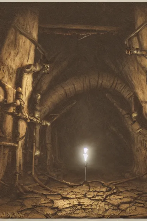 Image similar to matte painting of an explorer with a torch standing in a dark room with old rotting wood facility and treasure chests in a wet underground dungeon in lovecraft style