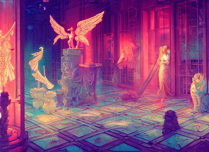 Prompt: harmony of greek statues, mute, neon lights, neon wings, floor tiles, absinthe ( bts jimin blood sweat & tears ) by wlop, james jean, victo ngai, beautifully lit, muted colors, highly detailed, fantasy art by craig mullins, thomas kinkade