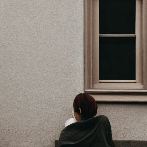 Image similar to a woman sitting on a window sill looking forward out the window, face in hands, grey sweater, a stock photo by chen jiru, tumblr, aestheticism, movie still, pretty, pixiv