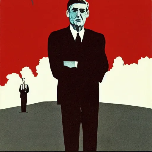 Image similar to minimalist soviet propaganda of robert mueller standing with folded arms, by le corbusier and diego rivera