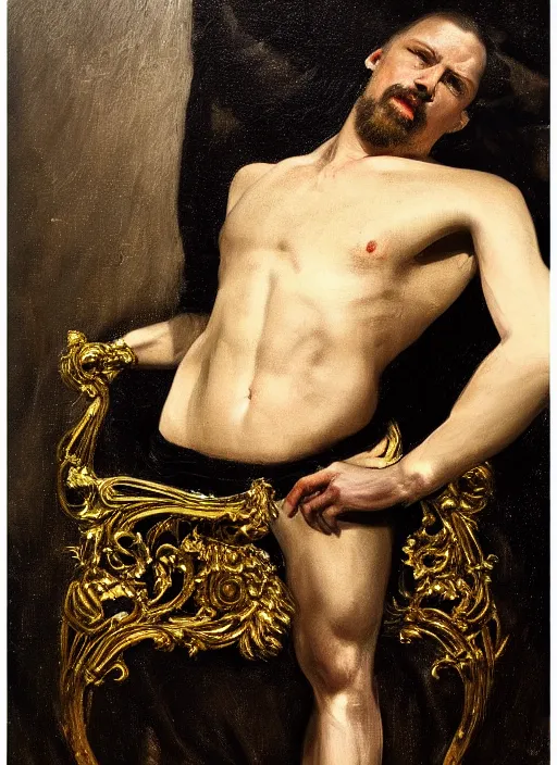 Prompt: highly detailed oil painting | very intricate | cinematic lighting | black, white and gold color scheme, dark background | the business man by alexander mcqueen | by roberto ferri, by gustav moreau, by singer sargent and klimt, american romanticism, occult art | by austin osman spare, artstation, cgsociety, official art, octane