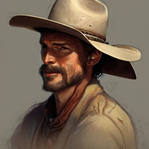 Prompt: a man, cowboy hat, portrait, wild west, fantasy, highly detailed, digital painting, artstation, concept art, sharp focus, illustration, art by artgerm and greg rutkowski and alphonse mucha