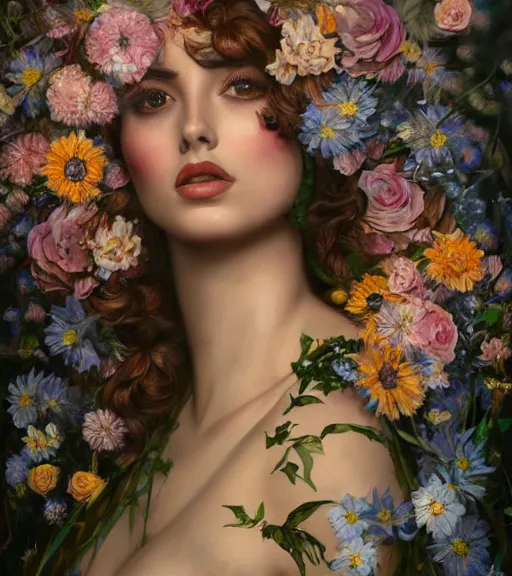 Image similar to portrait of ana de armas in 3 0 s, surrounded by flowers by karol bak, james jean, tom bagshaw, rococo, trending on artstation, cinematic lighting, hyper realism, octane render, 8 k, hyper detailed