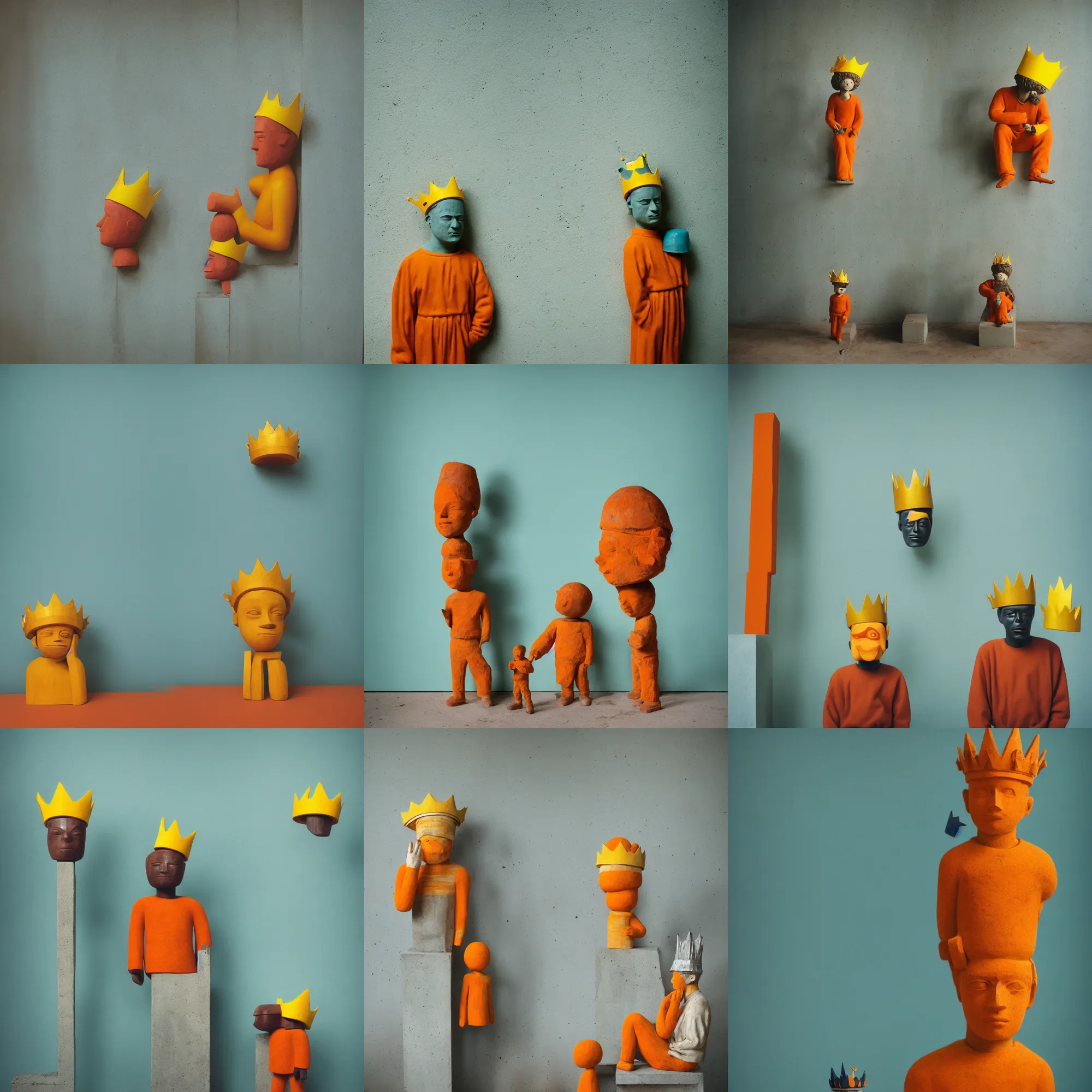 Prompt: kodak portra 4 0 0, 8 k, shot of a highly detailed, britt marling style, colour still - life portrait of a large minimalistic room, rough concrete walls, the rough carved wooden statue of a teal and orange striped little man with a yellow crown on his head, muted colours