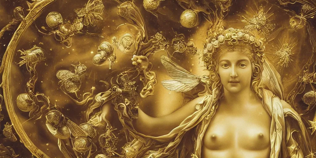 Prompt: MARBLE, intricate, majestic, baroque ,sistina, saint Woman, Venus godness Athena, beautiful, gracious, pagans, marble and gold, space, stars, clouds, sun, greeks, coerent face, fruits, bioluminescent skin, bees, pomegranade, by annie leibovitz