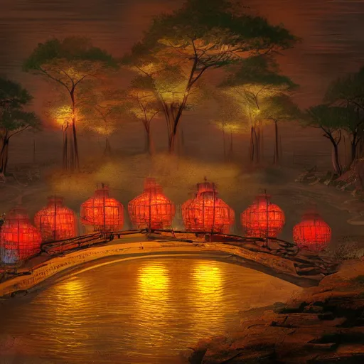Image similar to concept art, river lanterns on the eve of ullambana festival, high resolution, cave temples of dunhuang style, artstation