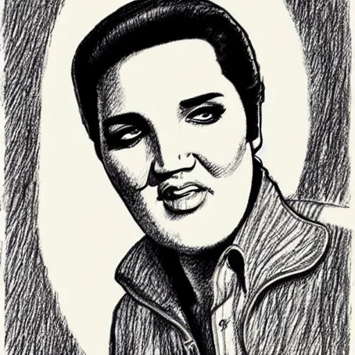 Prompt: a pencil sketch of Elvis drawn by Robert Crumb