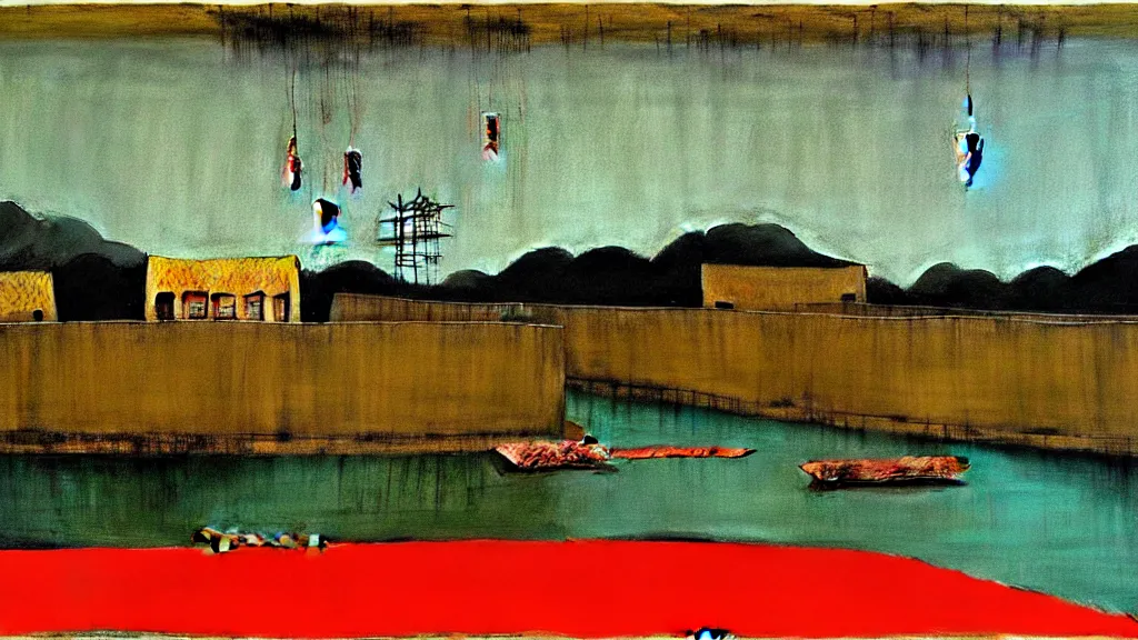 Image similar to a chinese prison near a river by peter doig, muted colors