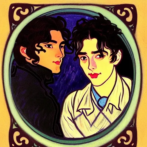 Image similar to painting of young cute handsome beautiful dark medium wavy hair man in his 2 0 s named shadow taehyung and cute handsome beautiful min - jun together at the halloween party, bubbling cauldron, candles, smoke, tarot, autumn colors, elegant, stylized, soft facial features, delicate facial features, art by alphonse mucha, vincent van gogh, egon schiele