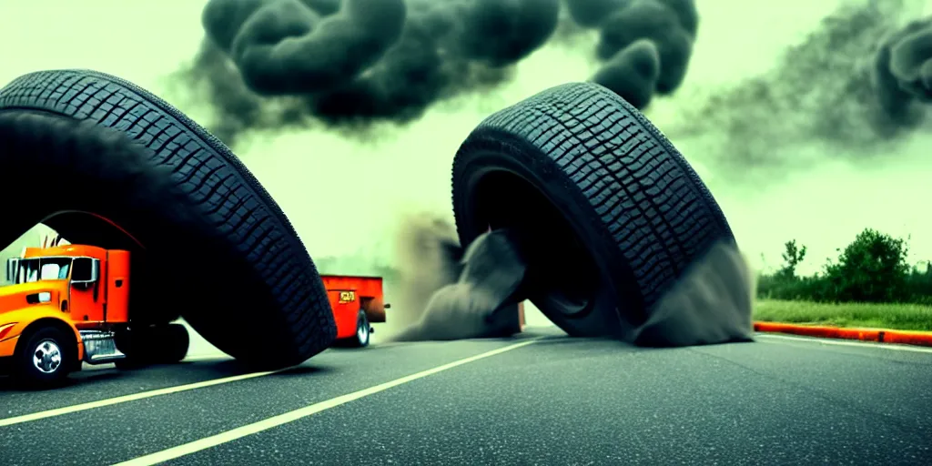 Image similar to A huge truck tire monster is rolling down the village destroying everything on its way. Dramatic, cinematic shot