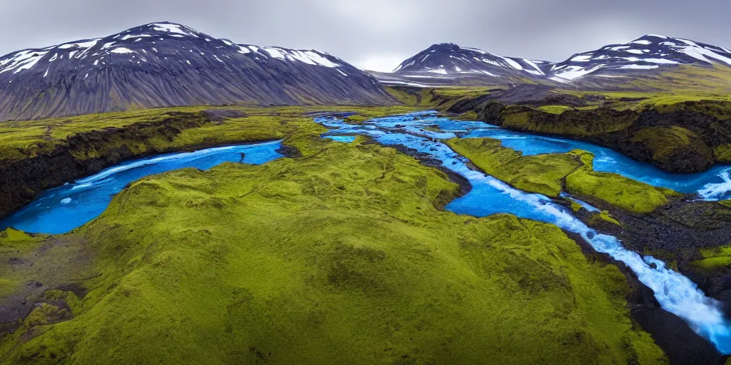 Image similar to drone shot photo of a landscape with mountains, waterfalls, wallpaper, very very wide shot, blue glacier, iceland, new zeeland, green flush moss, national geographic, award landscape photography, professional landscape photography, sunny, day time, beautiful