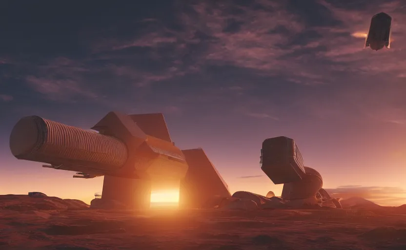 Image similar to 3 d render of a scifi spaceport, sunset lighting, spacecraft taking off, unreal engine, hyper realism, realistic shading, cinematic composition, blender render, octane render, hdr, detailed textures, photorealistic, ultrawide shot, 1 6 mm lens