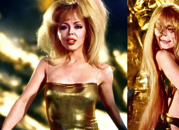 Image similar to kylie minogue in a still from the film barbarella ( 1 9 6 8 ), gold hotpants, hyperealistic