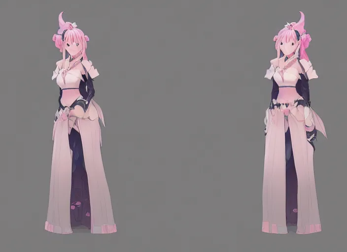 Image similar to character sheet for a beautiful and cute girl in wedding dress for genshin impact by greg rutkowski, black to light pink fade hair, genshin impact style, overwatch style, sorcerer magic witch, longsword, digital art, trending on artstation, hd, 8 k, highly detailed, good lighting, beautiful, masterpiece