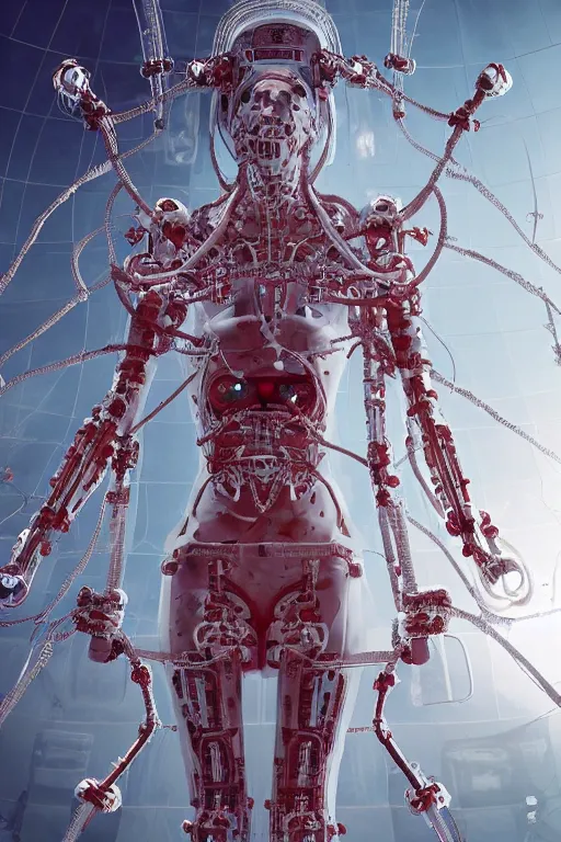 Prompt: space station interior white cross cross inflateble shapes, wires, tubes, veins, jellyfish, white biomechanical details a statue jesus on cross made of red marble hands nailed to a cross perfect symmetrical body full body shot, wearing epic bionic cyborg implants masterpiece, intricate, biopunk, vogue, highly detailed, artstation, concept art, cyberpunk, octane render