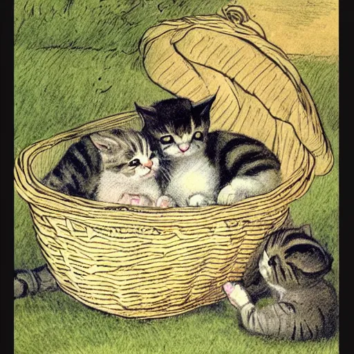 Image similar to child's illustration basket of kittens randolph caldecott