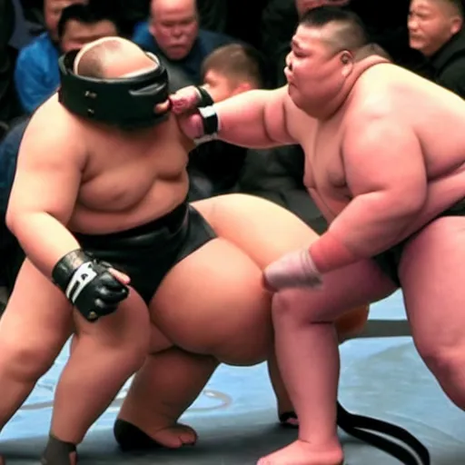 Prompt: robocop getting beat up by sumo wrestler in the ufc octagon