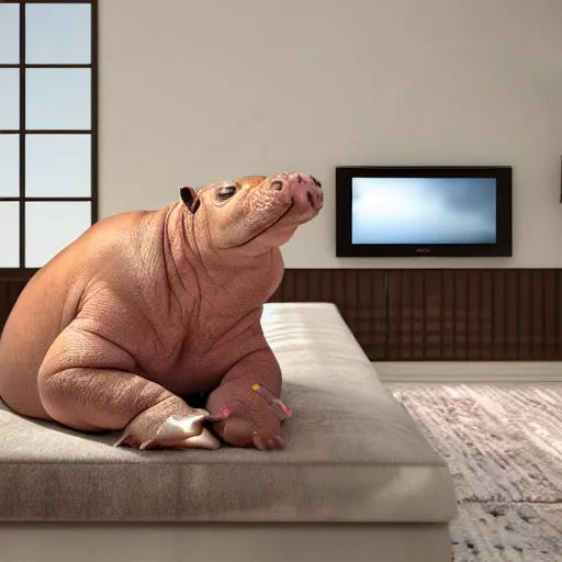 Image similar to a baby hippo lives in a cozy house. it likes to watch tv in the family room. digital art. 3 d render, photorealistic, hyper realistic, ue 5, octane.