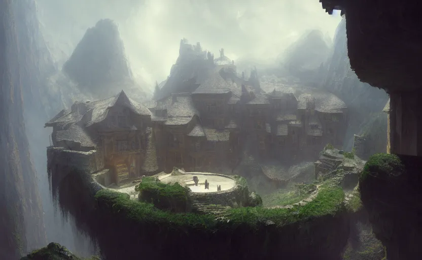 Image similar to painting of a series of a ring of bedrooms carved inside a mountain viewed from courtyard below, cozy bed, well maintained, clean, medieval, fantasy genre, natural light, fantasy, natural light, sharp focus, concept art, by greg rutkowski and craig mullins, cozy atmospheric and cinematic lighting, trending on artstation