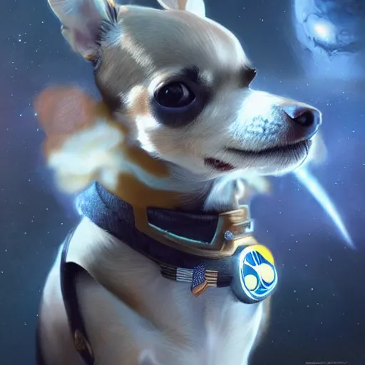 Image similar to A chihuahua as a space captain, intricate suit, cinematic lighting, highly detailed, digital painting, artstation, concept art, smooth, sharp focus, illustration, art by Artgerm and Greg Rutkowski