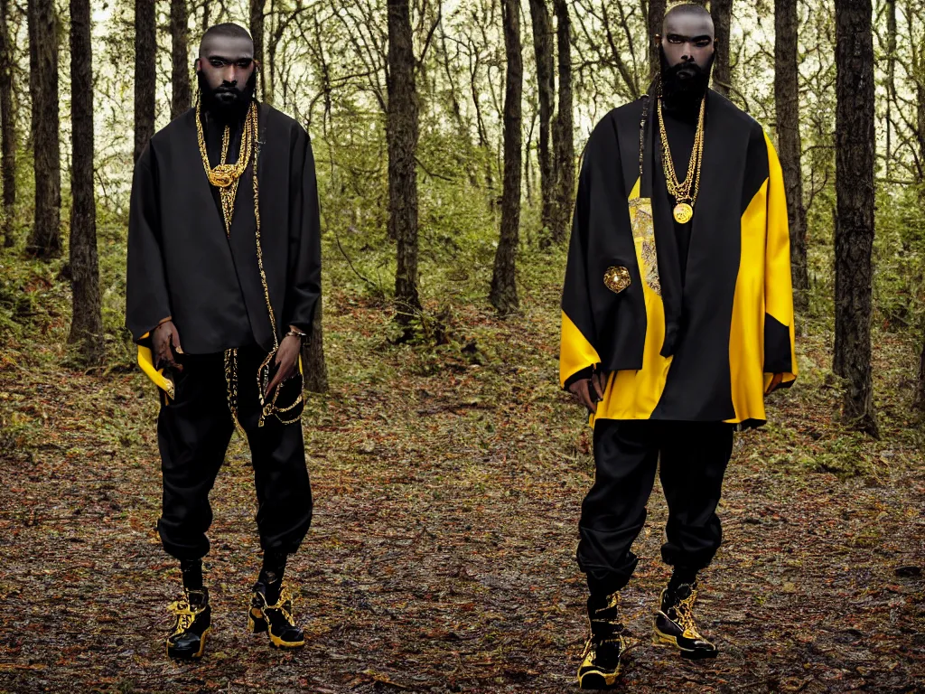 Image similar to versace avant garde male super oversized jacket gold necklace textiles streetwear cyberpunk african american black skin shaved head trimmed beard in the woods overcast late evening dramatic professional color 8 k hdr