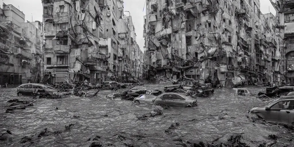 Prompt: post - apocalyptic depiction of the city of catania during flooding conditions by yoshitaka amano, wide angle camera