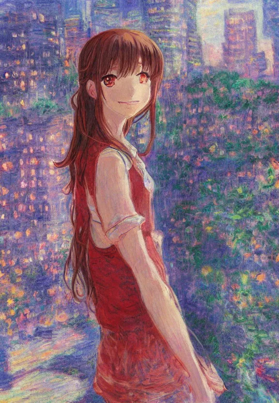 Image similar to wide angle portrait of a teenage girl, a thrifty outfit, very anime in impressionist style, city background, anime trending artwork, anime painter studio, by claude monet