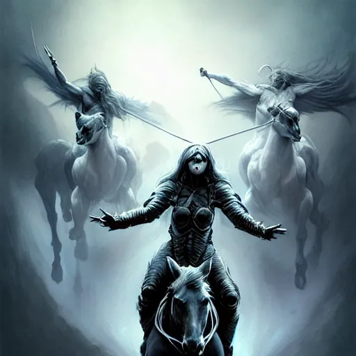 Image similar to concept art by artgerm, death of the four horsemen of the apocalypse, soft grey and blue natural light, intricate, queen of death riding, highly detailed dark art, digital painting, artstation, concept art, smooth, sharp focus, illustration, art by greg rutkowski and luis rollo and uang guangjian and gil elvgren, symmetry!