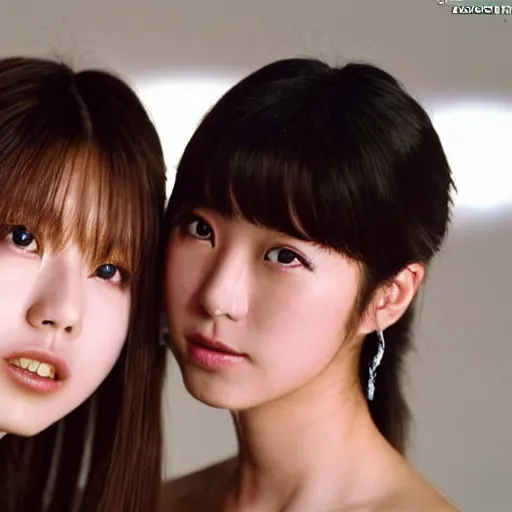 Image similar to 1990s, unbelievably beautiful, perfect, dynamic, epic, cinematic 8K HD movie shot of two semi-close-up japanese beautiful cute young J-Pop idols actresses girls, they express joy and posing together. By a Chinese movie director. Motion, VFX, Inspirational arthouse, high budget, hollywood style, at Behance, at Netflix, with Instagram filters, Photoshop, Adobe Lightroom, Adobe After Effects, taken with polaroid kodak portra