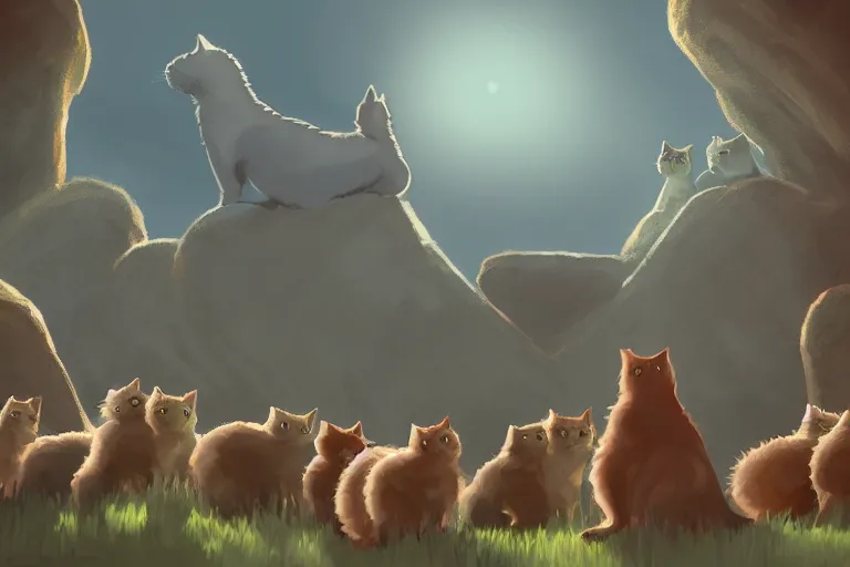 Prompt: cat standing on a rock in front of a crowd of cats, backlighting, digital art, trending on artstation, fanart