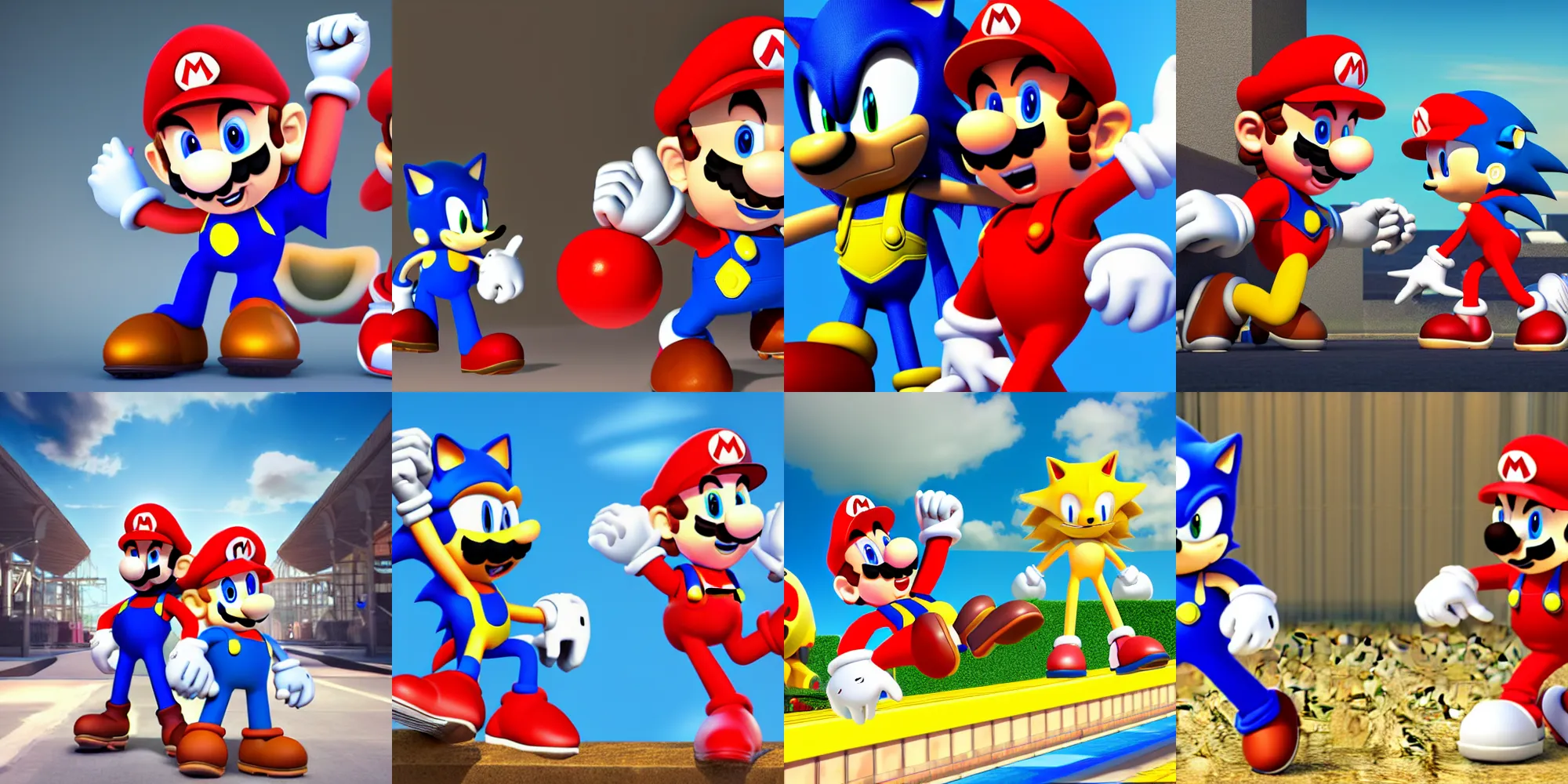 Prompt: mario and sonic, fashion photo shoot, photo studio, posing and smiling for the camera, unreal engine render, 4 k