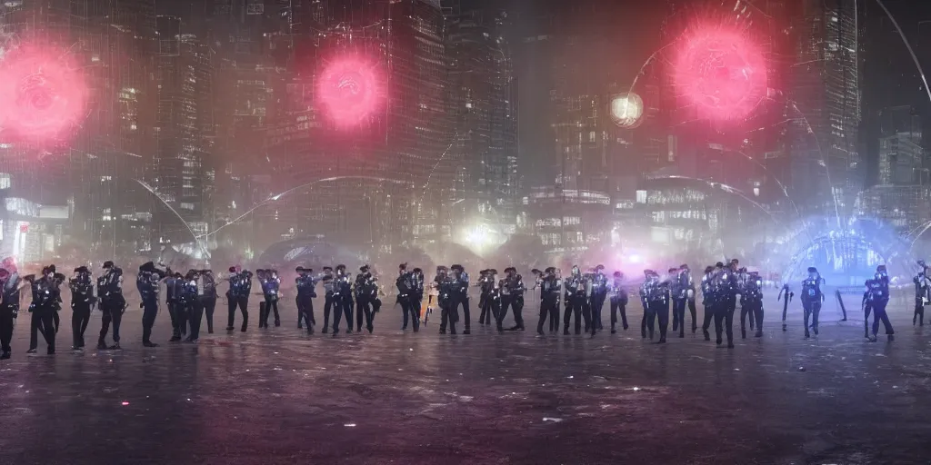 Prompt: policemen protecting a huge spiral - shaped bright luminous attractor right in the center of the city from protesting people,, rain and light fog, professional lighting, concept art in 3 d, high detail, professional lighting, 8 k, unreal engine