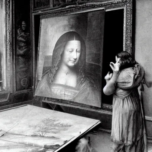 Prompt: old vintage photo from behind of leonardo da vinci painting his unfinished painting of monalisa