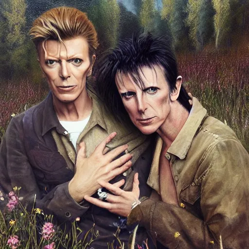 Image similar to david bowie and trent reznor are in a beautiful meadow in love and happy. gay male couple. from the television show merlin ( 2 0 0 8 ). ; high - detailed oil painting by igor sychev and mark keathley trending on artstation, masterpiece, 4 k