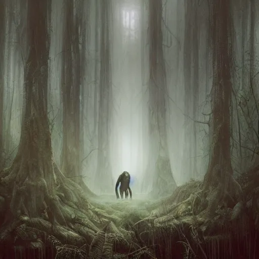 Image similar to Dark fantasy Painting of a huge bigfoot gorilla creature lurking in the misty forest, gloomy, full body, disgusting, creepy, unsettling, horror, intricate, wild, highly detailed, digital painting, artstation, concept art, smooth, sharp focus, illustration, art by artgerm and greg rutkowski and alphonse mucha