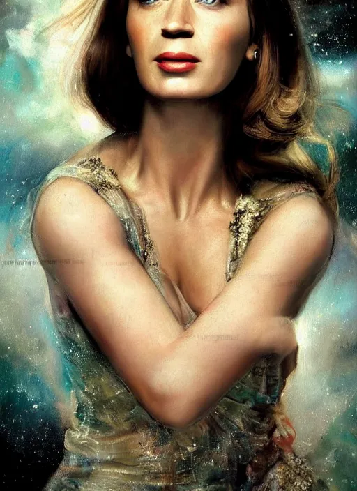 Prompt: amazingly pretty painting depiction of 20 year old Emily Blunt as a young goddess staring seductively at you. ultra detailed painting at 16K resolution and amazingly epic visuals. epically beautiful image. amazing effect, image looks gorgeously crisp as far as it's visual fidelity goes, absolutely outstanding. vivid clarity. ultra. iridescent. mind-breaking. mega-beautiful pencil shadowing. beautiful face. Ultra High Definition. godly shading. amazingly crisp sharpness. photorealistic film cel processed twice..